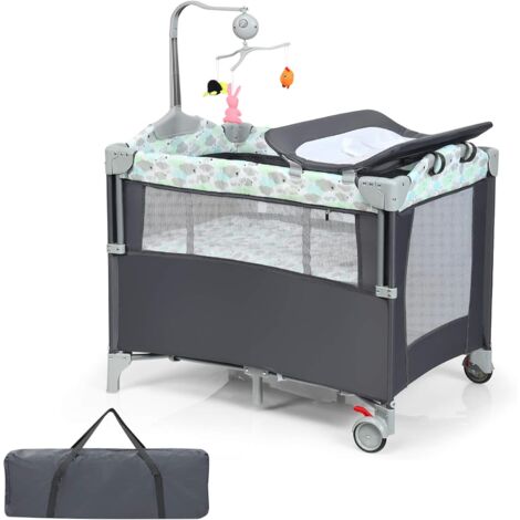 COSTWAY 4 in 1 klappbares Reisebett & Beistellbett & Wickeltisch & Laufstall rollbar, 2 Ebenen Babybett inkl. Spielbogen mit Spieluhr, Matratze, Wickelauflage, Windelaufbewahrung und Tragetasche