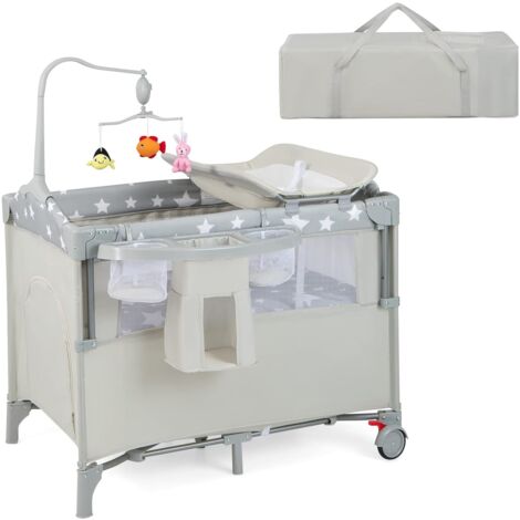 COSTWAY 4 in 1 klappbares Reisebett & Beistellbett & Wickeltisch & Laufstall rollbar, 2 Ebenen Babybett inkl. Spielbogen, Spieluhr, Matratze, Seitentür &Tragetasche (Beige)