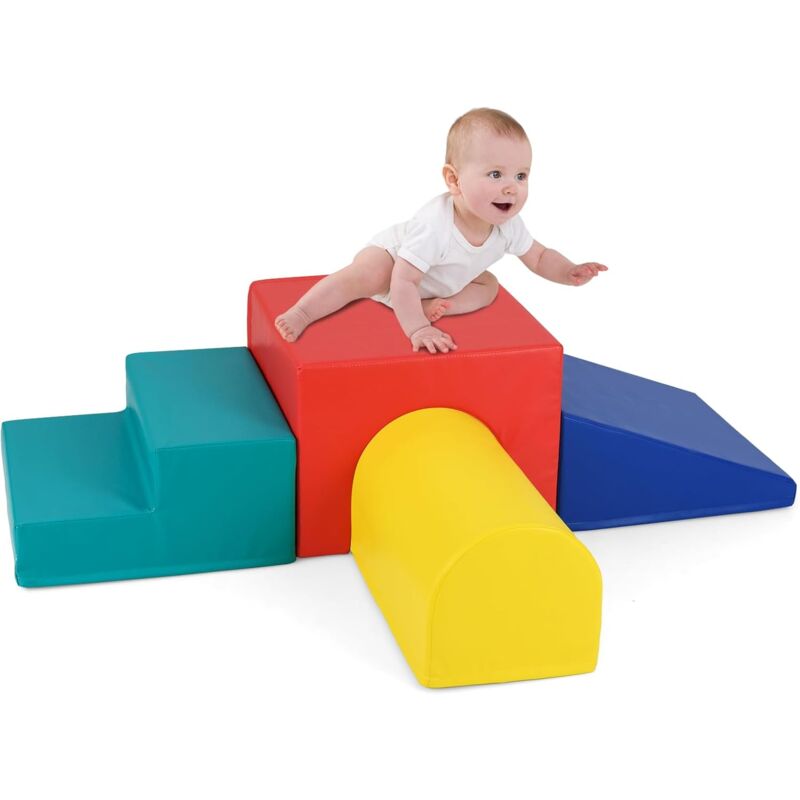 4 pcs Parcours Motricité Bébé en Mousse avec Housse Amovible en pu, Module Motricité Bébé avec Toboggan & Différentes Formes, Jouets Éducatifs