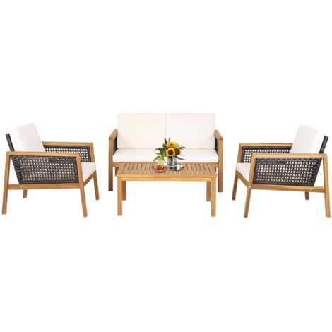 COSTWAY 4 Pcs Patio Acacia Wood Furniture Set Outdoor Rattan Conversation Set