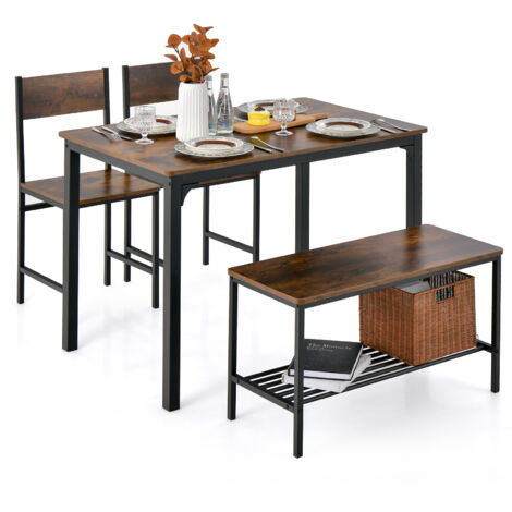 COSTWAY 4-Piece Dining Table Set Kitchen Table with 2 Chairs & a Bench-Grey