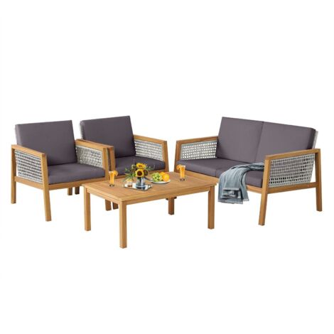 COSTWAY 4-Piece Garden Wicker Patio Furniture Set Outdoor Acacia Wood Conversation Set