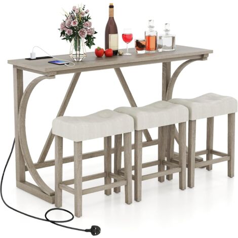 COSTWAY 4-Piece Height Bistro Table and Saddle Seat Stools with Power Outlet