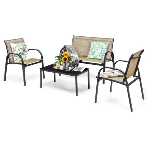 COSTWAY 4-Piece Patio Furniture Set with 2 Chairs & Glass Coffee Table-Brown