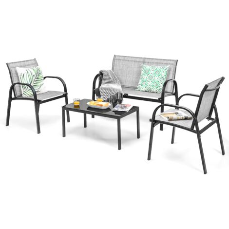 COSTWAY 4-Piece Patio Furniture Set with 2 Chairs & Glass Coffee Table-Grey