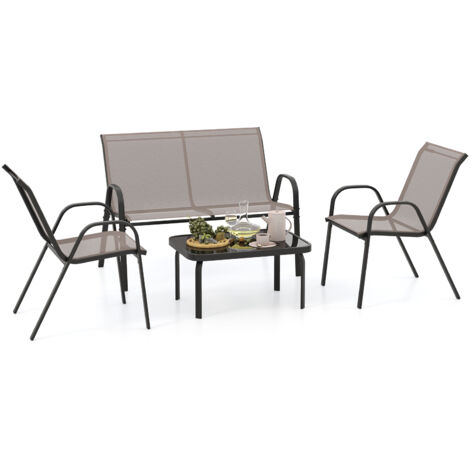 COSTWAY 4 Piece Patio Metal Chair Set Modern Chair & Table Set-Grey
