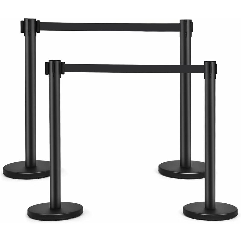 

4 Postes con Cinta Retráctil Barrera en Acero Inoxidable para Colas con Cinta Retráctil (Negro) - Costway