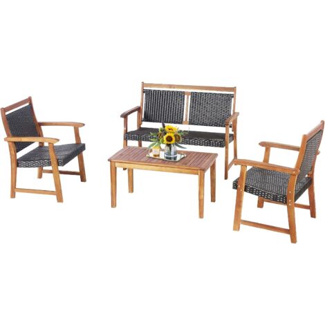 COSTWAY 4-teiliges Gartenmöbel Set, Polyrattan Balkonset mit 2 Sessel & Bank & Tisch, Sitzgruppe aus Akazienholz, Rattan Gartenset Balkonmöbel, Rattanmöbel Loungeset, für Balkon Garten Veranda