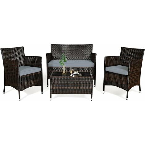 COSTWAY 4-teiliges Rattanmoebel-Set, Polyrattan Set mit Hartglas Sofatisch, Rattan Lounge inkl. Sofa Gartenstühle mit Kissen für 4 Personen, Balkon Sitzgruppe für Garten Pool Hof, Braun