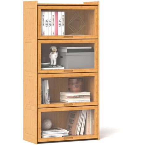 COSTWAY 4-Tier Bookcase Bedroom 140cm Bamboo Bookshelf with Doors-Natural