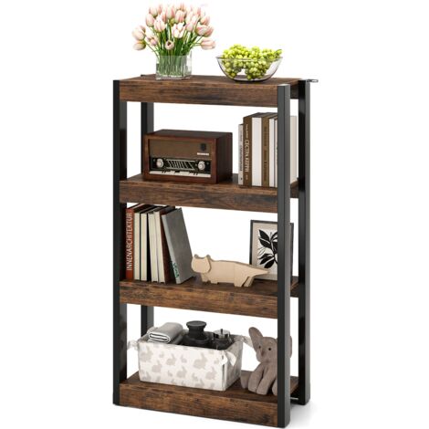 COSTWAY 4 Tier Bookshelf Wooden Bookcase with Dual Anti-Tipping Kits-Coffee