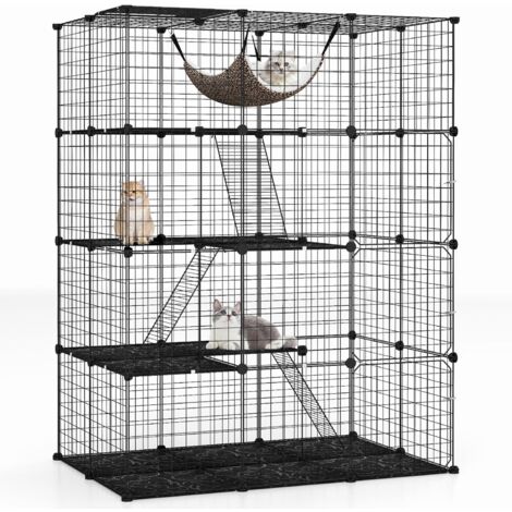 COSTWAY 4 Tier Cube Cat Cage 143 CM Large Cat Enclosure w/Comfy Hammock-Black