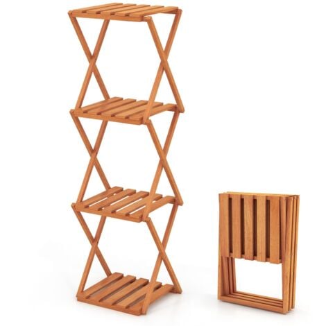 COSTWAY 4-Tier Folding Plant Rack Free Standing Shoe Rack w/Wood Frame-Natural