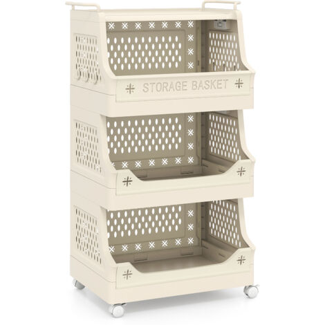 COSTWAY 4 Tier Laundry Cart with Wheels Cream Color Stackable Storage Organizer Beige