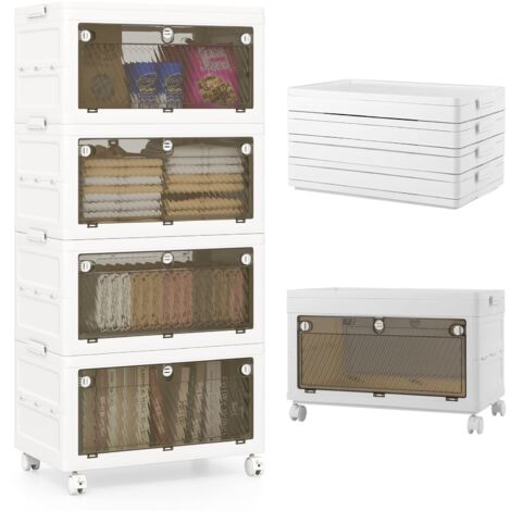 COSTWAY 4-Tier Stackable Storage Bins Bedroom Collapsible Storage Boxes-White