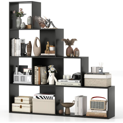 COSTWAY 4-Tier Stepped Bookshelf Modern Ladder Bookcase w/6 Storage Cubes-Black