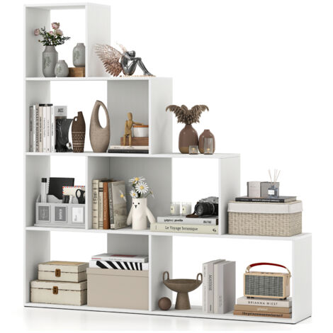 COSTWAY 4-Tier Stepped Bookshelf Modern Ladder Bookcase w/6 Storage Cubes-White