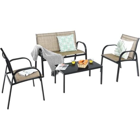 COSTWAY 4 TLG. Gartenmöbel Set, Terrassenmöbel mit Bank, 2 Stühlen & Couchtisch, Lounge Balkonmöbel Set Outdoor, Gartengarnitur für Terrassen, Balkon, Garten (Braun)