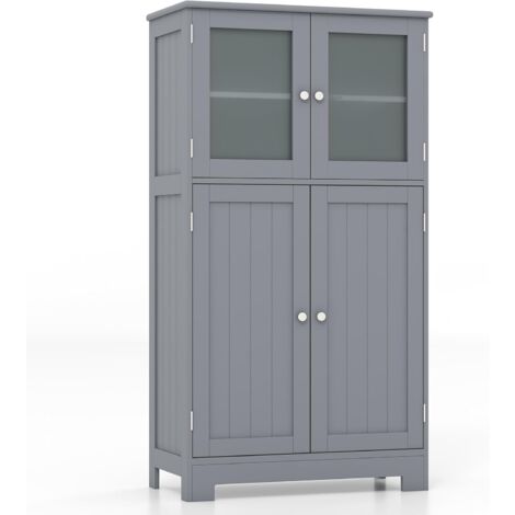 COSTWAY 4-türiger Badezimmerschrank, Wohnzimmerschrank freistehend, Aufbewahrungsschrank mit Glastüren, Küchenschrank Holz mit verstellbarem Regal, Mehrzweck-Schrank für Flur Wohnzimmer Büro, Grau