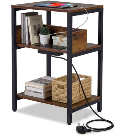 COSTWAY 40x30x61cm 3-Level End Table with Charging Station USB Type-C Outlets Rustic Brown