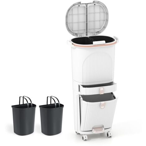 COSTWAY 42L Pattumiera da Cucina con Coperchi, Bidone per Raccolta Differenziata a 3 Piani con 2 Secchi Rimovibili, Pedale e Ruote, Contenitore per Rifiuti (Bianco,3 piani)