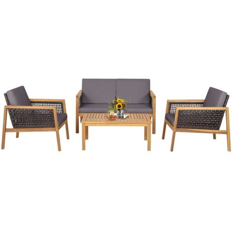 COSTWAY 4Pcs Patio Acacia Wood Furniture Set Outdoor PE Rattan Conversation Set