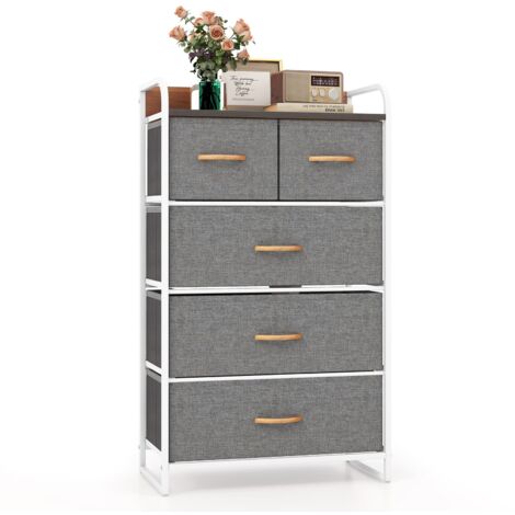 COSTWAY 5-Drawer Dresser Storage Organizer Tower Bedside Display Stand Foldable-Grey