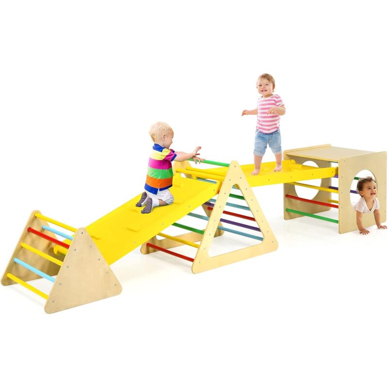 5 en 1 Aire de Jeux d'Escalade Montessori avec 2 Toboggans Réversibles, Triangle d'escalade en Bois Enfants avec Cadre Solide, Charge 60kg pour