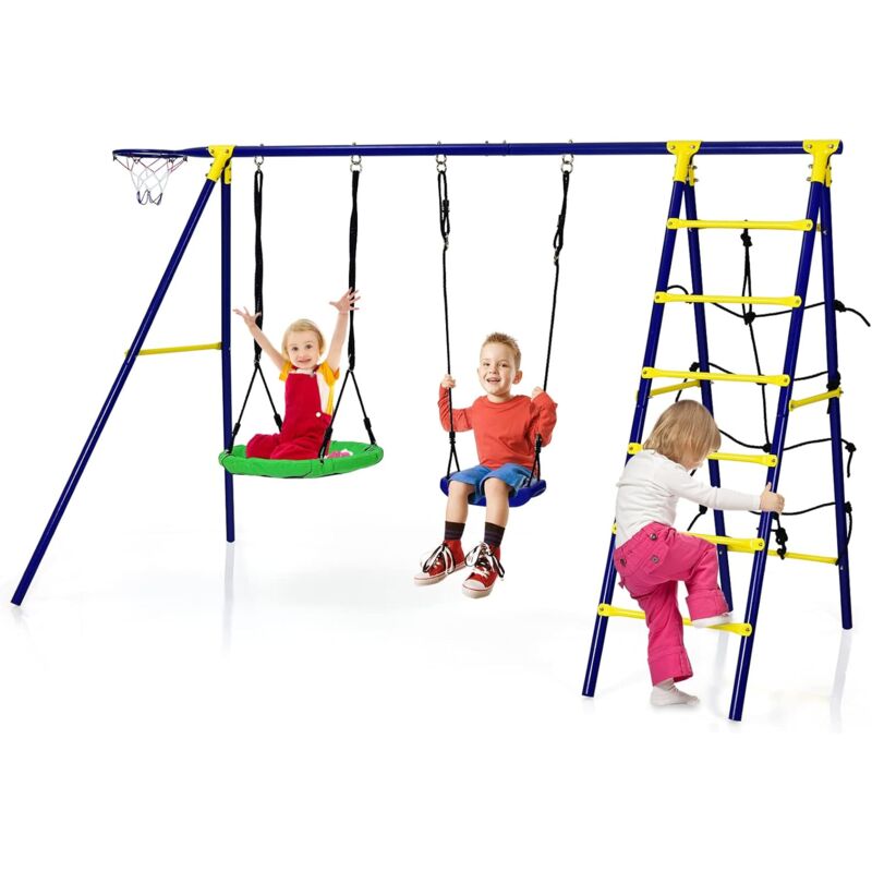 5 en 1 Balançoire Enfants Extérieur avec Panier de Basket, Balançoire Nid d'Oiseau Ø66 cm et en u avec Hauteur Réglable, Filet & Echelle d'Escalade,