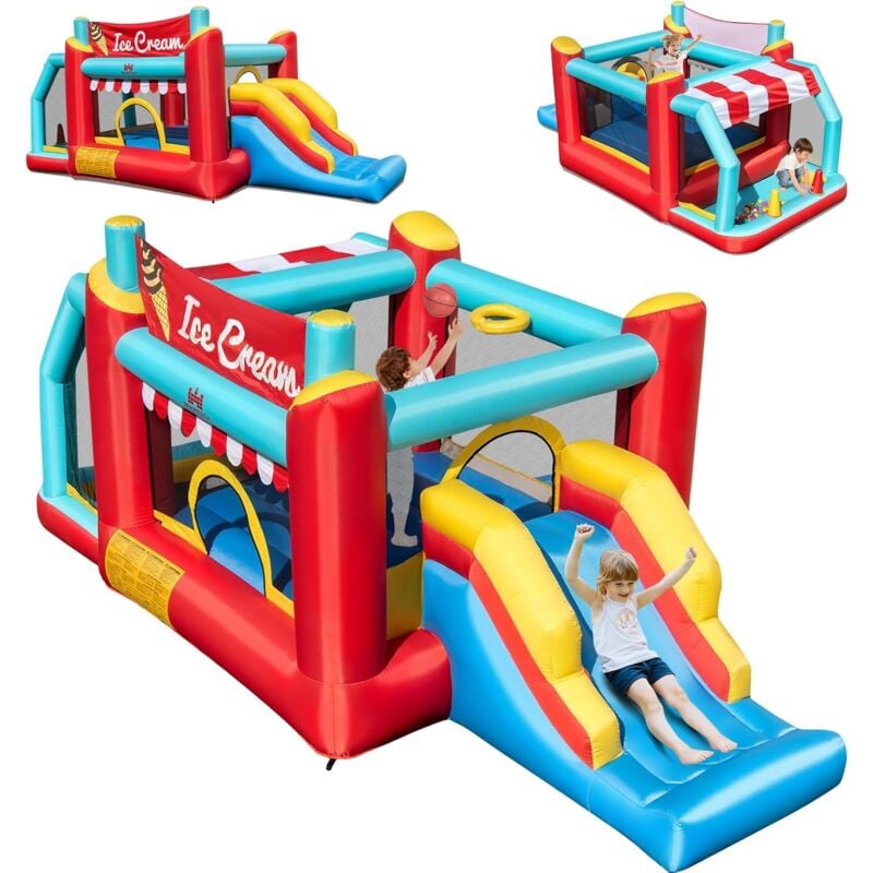 5 en 1 Château Gonflable en Forme Marchand avec Toboggan & Maison de Saut, Aire de Jeux Gonflable avec Fosse à Balles & Panier, 50 Boules Océaniques,