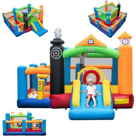COSTWAY 5 en 1 Château Gonflable Enfants avec Toboggan, Aire de Jeux Gonflable avec Thème de Train, 3 Fosses à Balles, Panier de Basketball, 50 Balles Colorées, 3-10 Ans(sans souffleur)