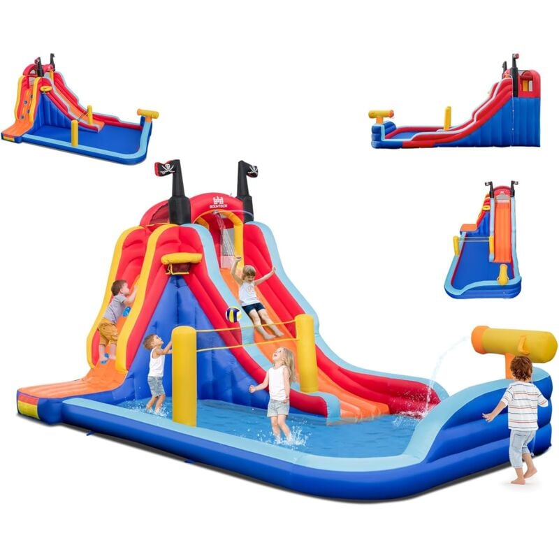 5 en 1 Château Gonflable sur Thème de Pirate avec Toboggan, Parc Aquatique avec Panier de Basket et Canon à Eau, Sac de Transport, Charge 90kg pour 2
