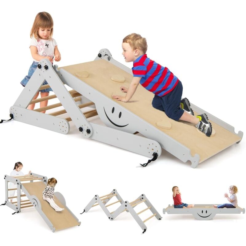 5 en 1 Échelle d'escalade Montessori Enfant avec Rampe Double Face & Réglable, Triangle d'escalade Pliable en Bois avec Toboggan & Bascule,