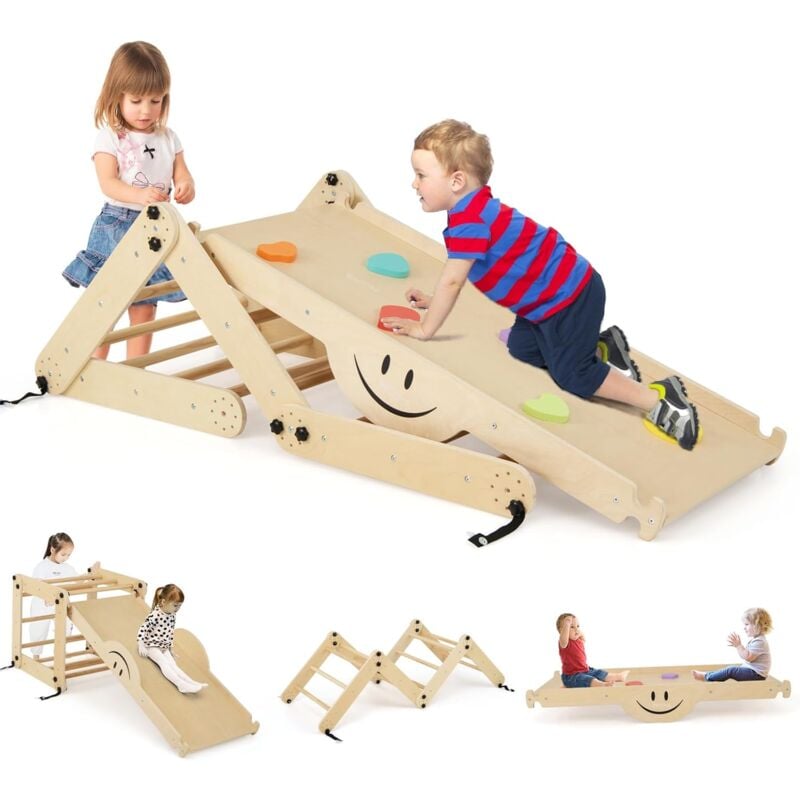 5 en 1 Échelle d'escalade Montessori Enfant avec Rampe Double Face & Réglable, Triangle d'escalade Pliable en Bois avec Toboggan & Bascule,