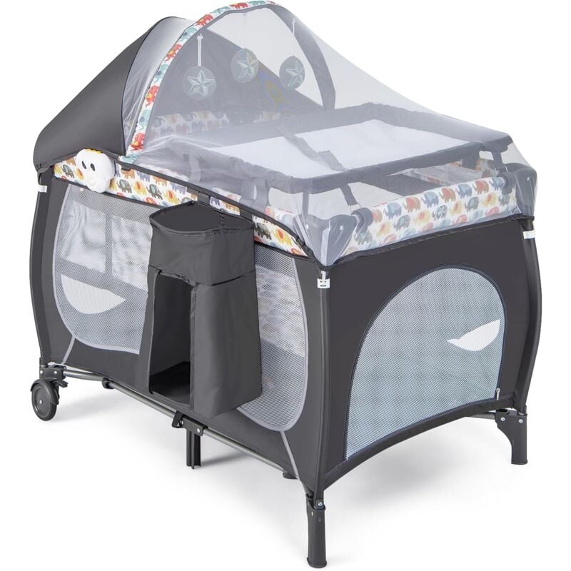 Costway - 5 en 1 Lit Parapluie Bébé avec Matelas & Moustiquaire, Lit Bébé Evolutif avec Table à Langer, 3 Jouets Mignons & Boîte à Musique, Sac de