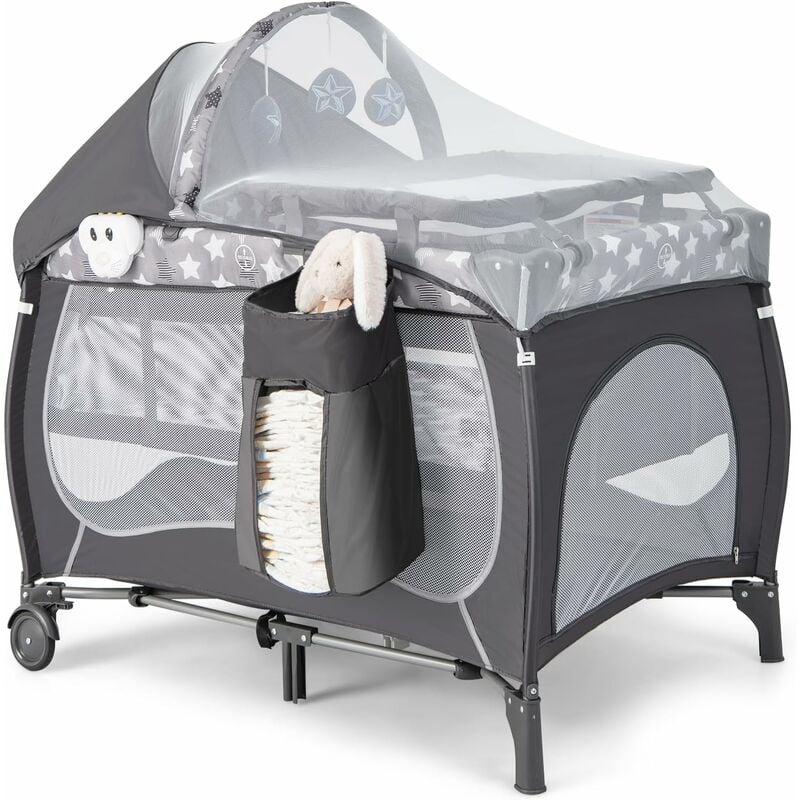5 en 1 Lit Parapluie Bébé avec Matelas & Moustiquaire, Lit Bébé Evolutif avec Table à Langer, 3 Jouets Mignons & Boîte à Musique, Sac de Transport,