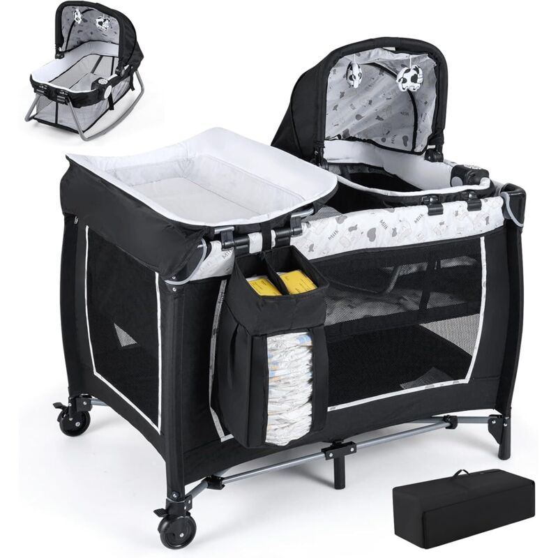 COSTWAY 5 en 1 Lit Parapluie Bébé avec Matelas & Table à Langer, Lit Bébé Evolutif avec Boîte à Musique & Jouets Suspendus, Sac de Transport & Roues