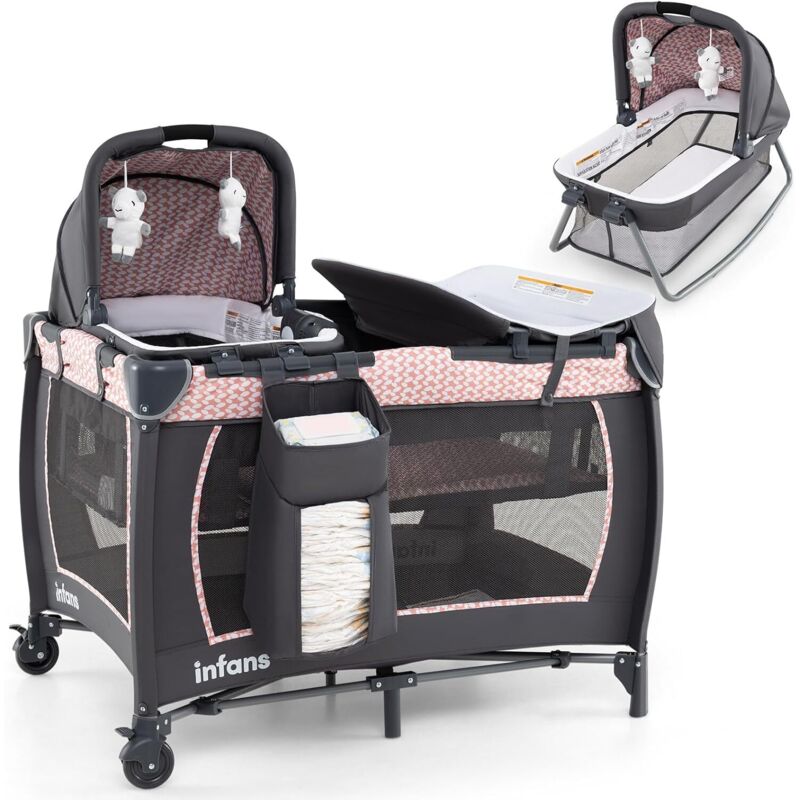 COSTWAY 5 en 1 Lit Parapluie Bébé avec Matelas & Table à Langer, Lit Bébé Evolutif avec Boîte à Musique & Jouets Suspendus, Sac de Transport & Roues