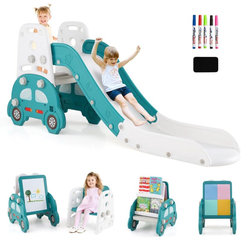 COSTWAY 5 en 1 Toboggan Enfant Convertible avec Tableau Magnétique Double Face, Tabouret, Bibliothèque, Support Blocs de Construction, Aire de Jeux