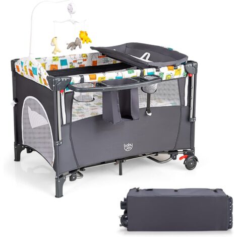 COSTWAY 5-in-1-Babybett mit Wickeltisch, 2 Ebene Babyreisebett mit 3 Spielzeug & Musikbox & Aufbewahrungstasche, 4-stufig verstellbares Beistellbett für Baby mit Rollen & Tragetasche (Grau)