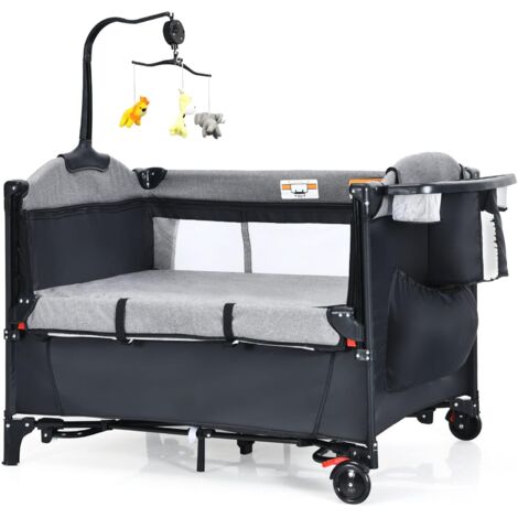 COSTWAY 5-in-1-Babybett mit Wickeltisch, 2 Ebene Babyreisebett mit 3 Spielzeug & Musikbox & Aufbewahrungstasche, 4-stufig verstellbares Beistellbett für Baby mit Rollen & Tragetasche (Schwarz)