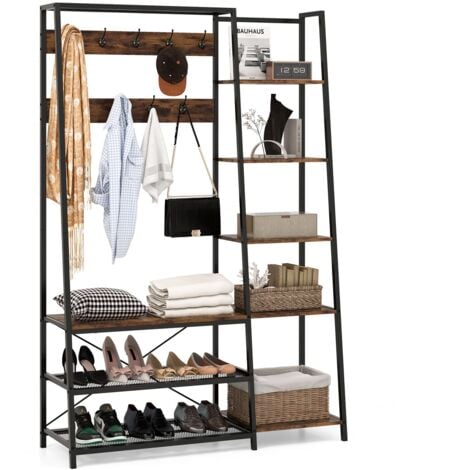 COSTWAY 5-in-1 Entryway Bench Industrial Coat Rack Shoe Bench with 9 Hooks