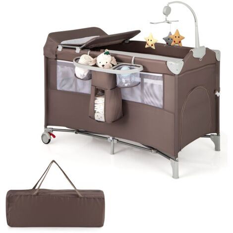 COSTWAY 5-in-1 Portable Pack and Play Foldable Baby Nursery Center-Brown