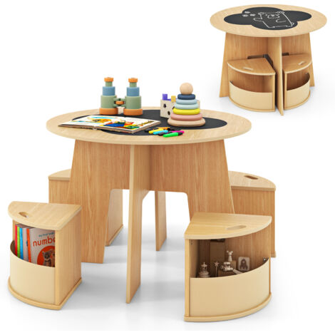 COSTWAY 5 PCS Kids Table and Chair Set with Writable Blackboard Desktop-Natural