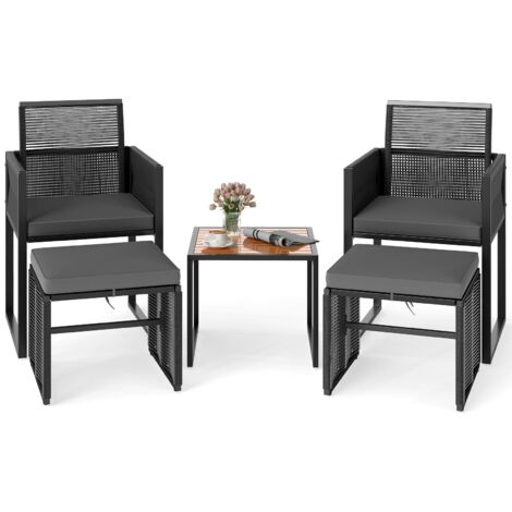 COSTWAY 5 Pezzi Set da Esterno in Rattan PE, Set Mobili da Giardino con Cuscini, Sedie Poggiapiedi e Tavolino da Caffè, Poltrone Lounge Salvaspazio per Balcone, Piscina e Cortile
