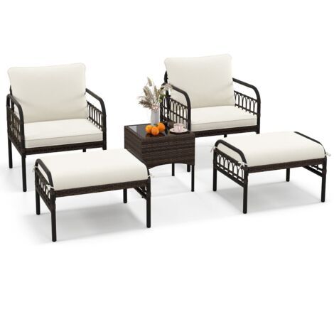 COSTWAY 5 Piece Patio Conversation Set Outdoor Wicker Chair Set w/ Ottomans