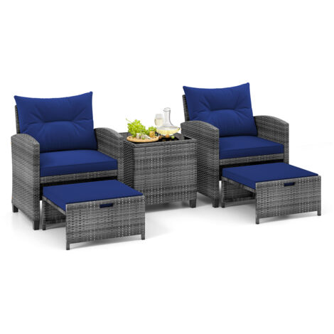 COSTWAY 5 Piece Wicker Patio Furniture Set with 2 Cushioned Chairs and 2 Ottomans