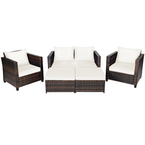 COSTWAY 5 Pieces Outdoor Rattan Patio Furniture Set with Removable Cushions Grey