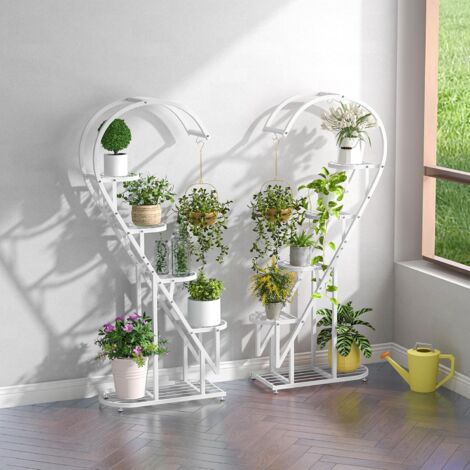 COSTWAY 5-stufiger Metall Pflanzenständer Herzförmig, Blumenregal mit Haken, Leiter Pflanzenregal Kippschutz, Pflanzenleiter Blumenständer, für Garten Balkon Wohnzimmer Weiß