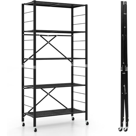 COSTWAY 5 Stufiges klappbare Lagerregal mit Rädern, 3 in 1 Küchenregal DIY mit höhenverstellbaren Ablagen, freistehender Aufbewahrungssregal aus Metall für Garage, Küche, Balkon, 90 kg Belastbar